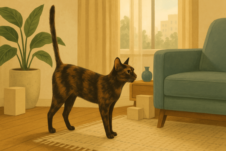 AI illustration of a tortoiseshell cat standing with its tail raised straight up against the corner of an armchair in a sunlit living room.