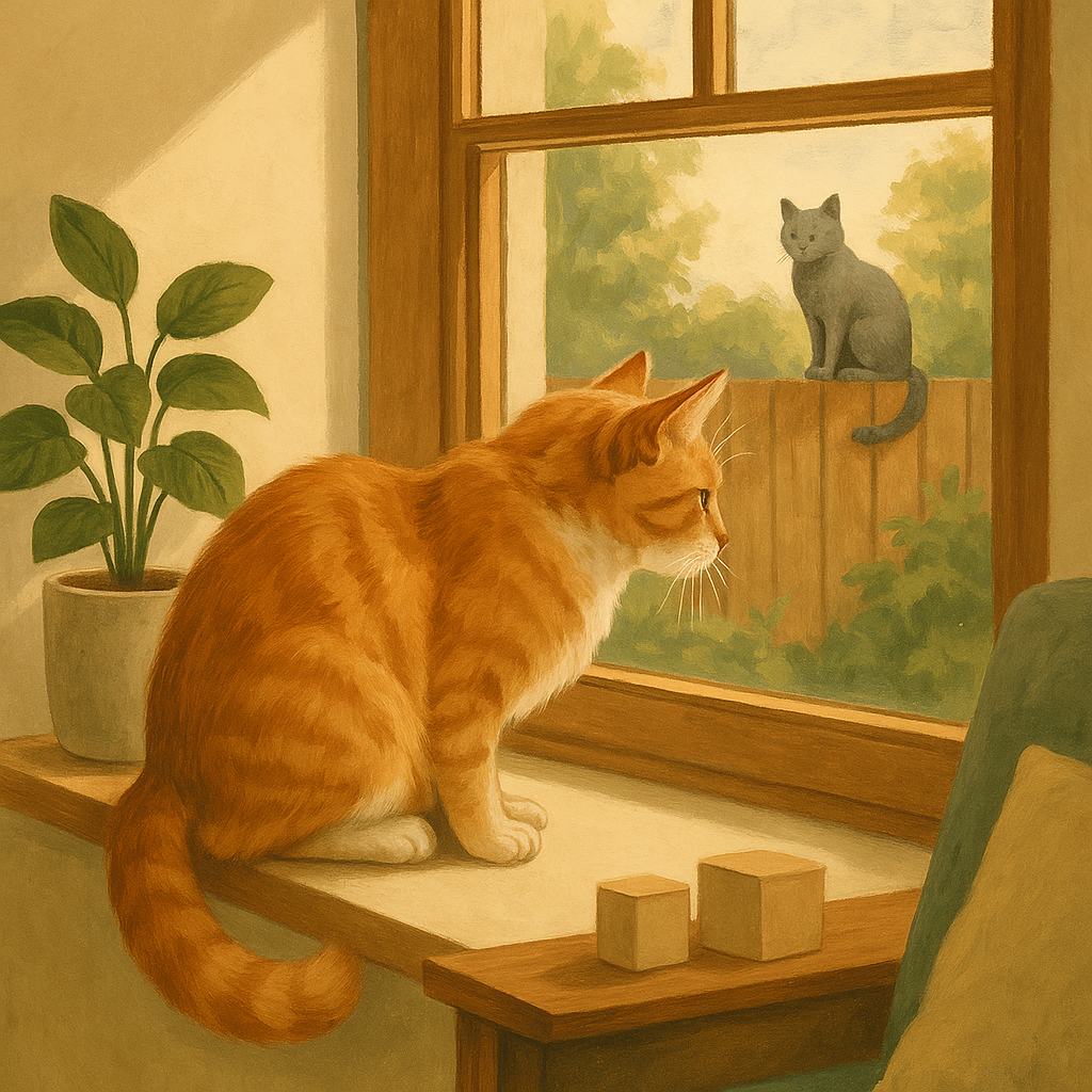 AI illustration of an orange and white cat perched tensely on a sunlit windowsill watching another cat outside through the glass.