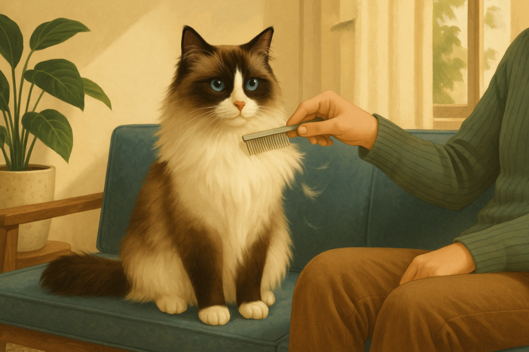 AI illustration of a person combing the fluffy chest ruff of an upright seal-and-white Ragdoll cat sitting on a sunlit couch.