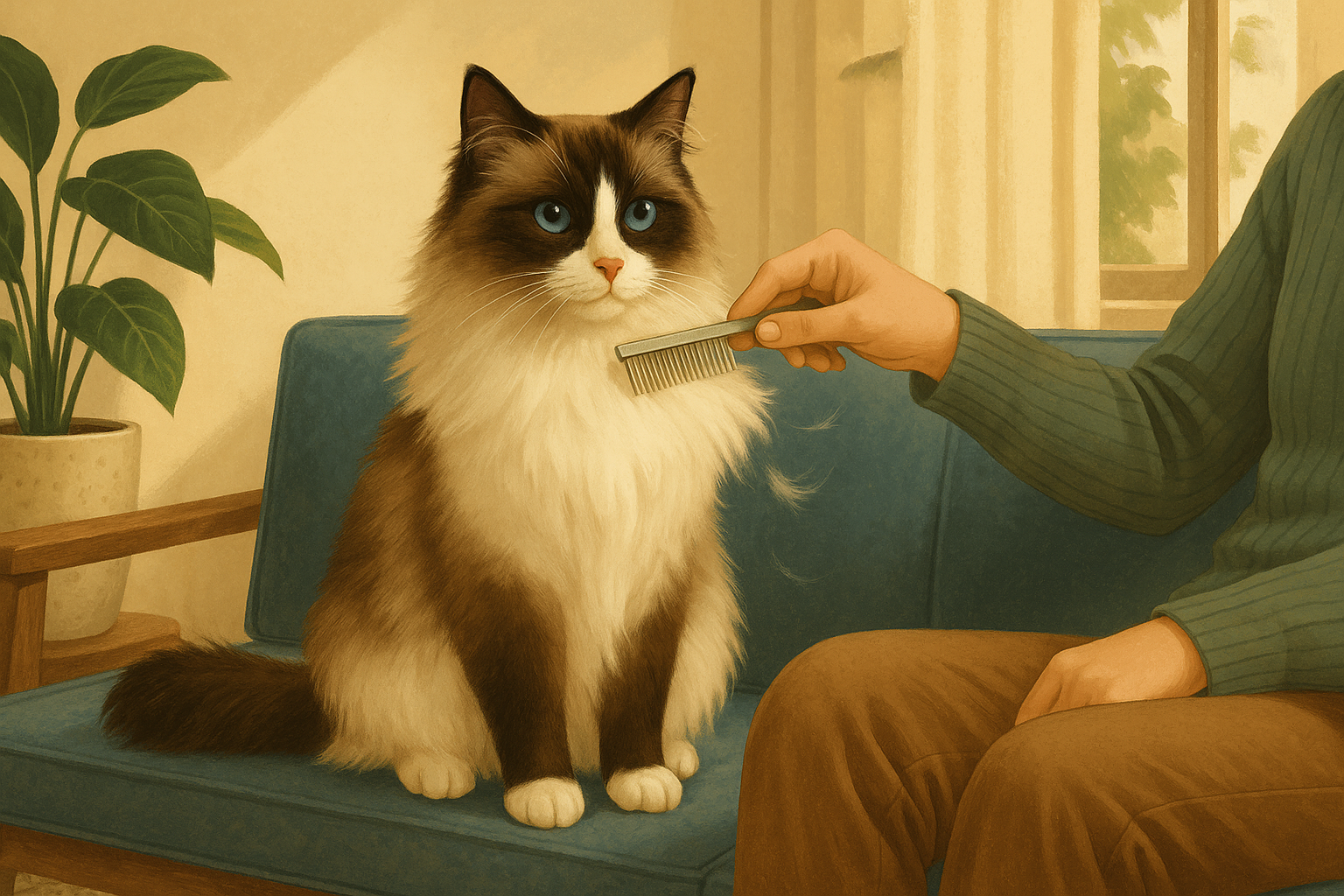 AI illustration of a person combing the fluffy chest ruff of an upright seal-and-white Ragdoll cat sitting on a sunlit couch.