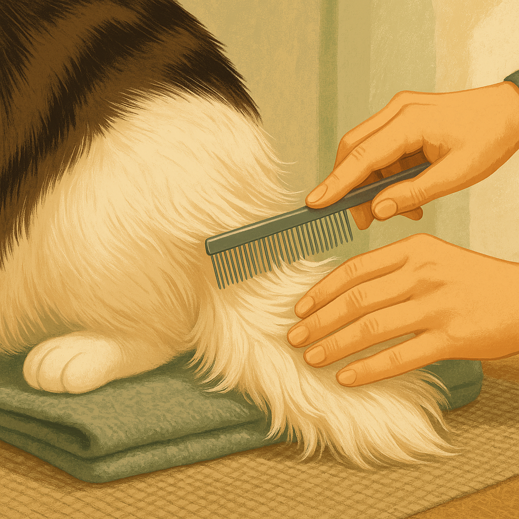 AI illustration of a pair of hands using a steel comb to work a small tangle loose in the long fur behind a fluffy cat's hind leg.