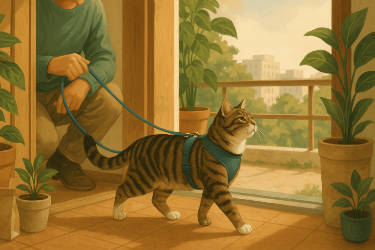 AI illustration of a brown tabby cat in a harness on a leash stepping out onto a sunlit balcony while a person holds the leash loosely behind it.