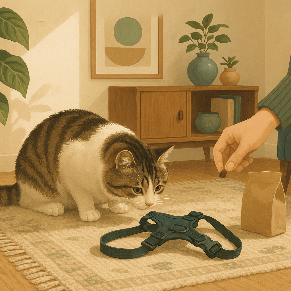 AI illustration of a curious brown tabby and white cat indoors sniffing a cat harness lying on a woven rug while a person offers a treat nearby.