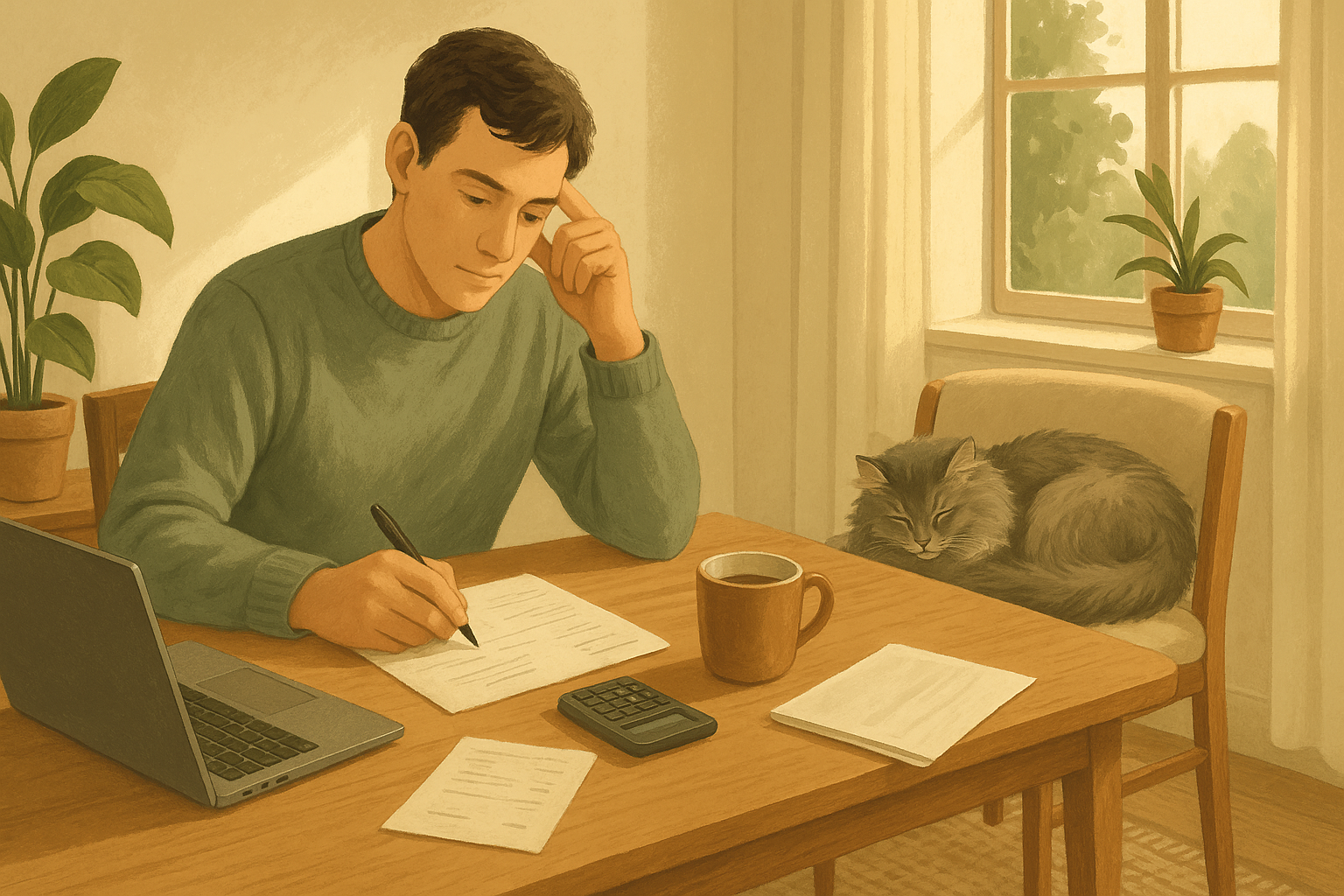 AI illustration of a person at a sunlit table with a laptop and calculator working through household planning while a grey longhaired cat sleeps curled on the chair beside them.