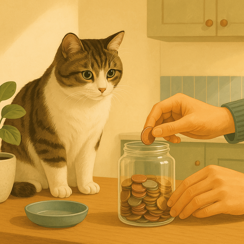 AI illustration of a hand dropping a coin into a simple glass savings jar on a kitchen counter while a tabby and white cat watches nearby.