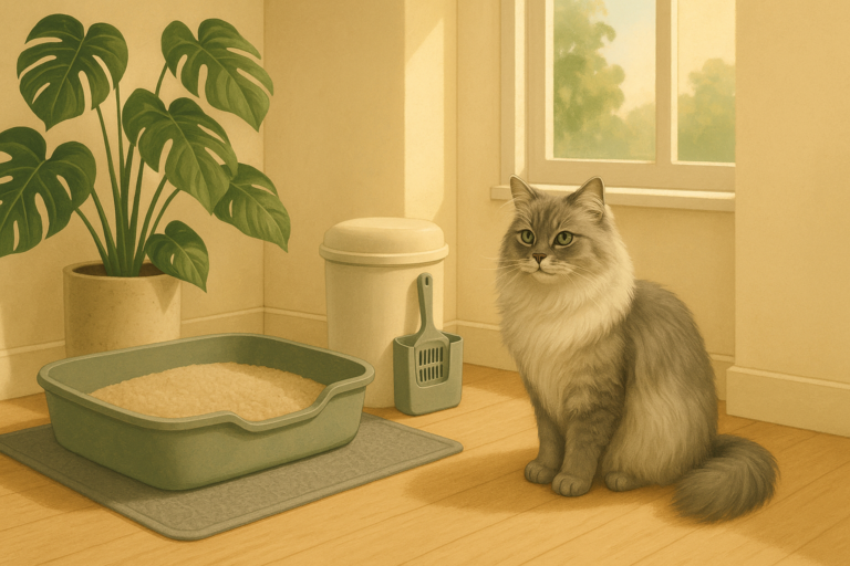 AI illustration of a clean apartment litter box station with a large open box on a mat, a covered litter pail and scoop beside it, and a calm grey longhaired cat sitting nearby.