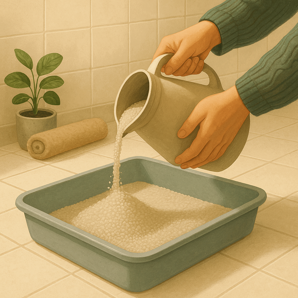 AI illustration of a pair of hands pouring fresh clumping litter from a plain unlabelled jug into a clean empty litter box on a bright tiled bathroom floor.