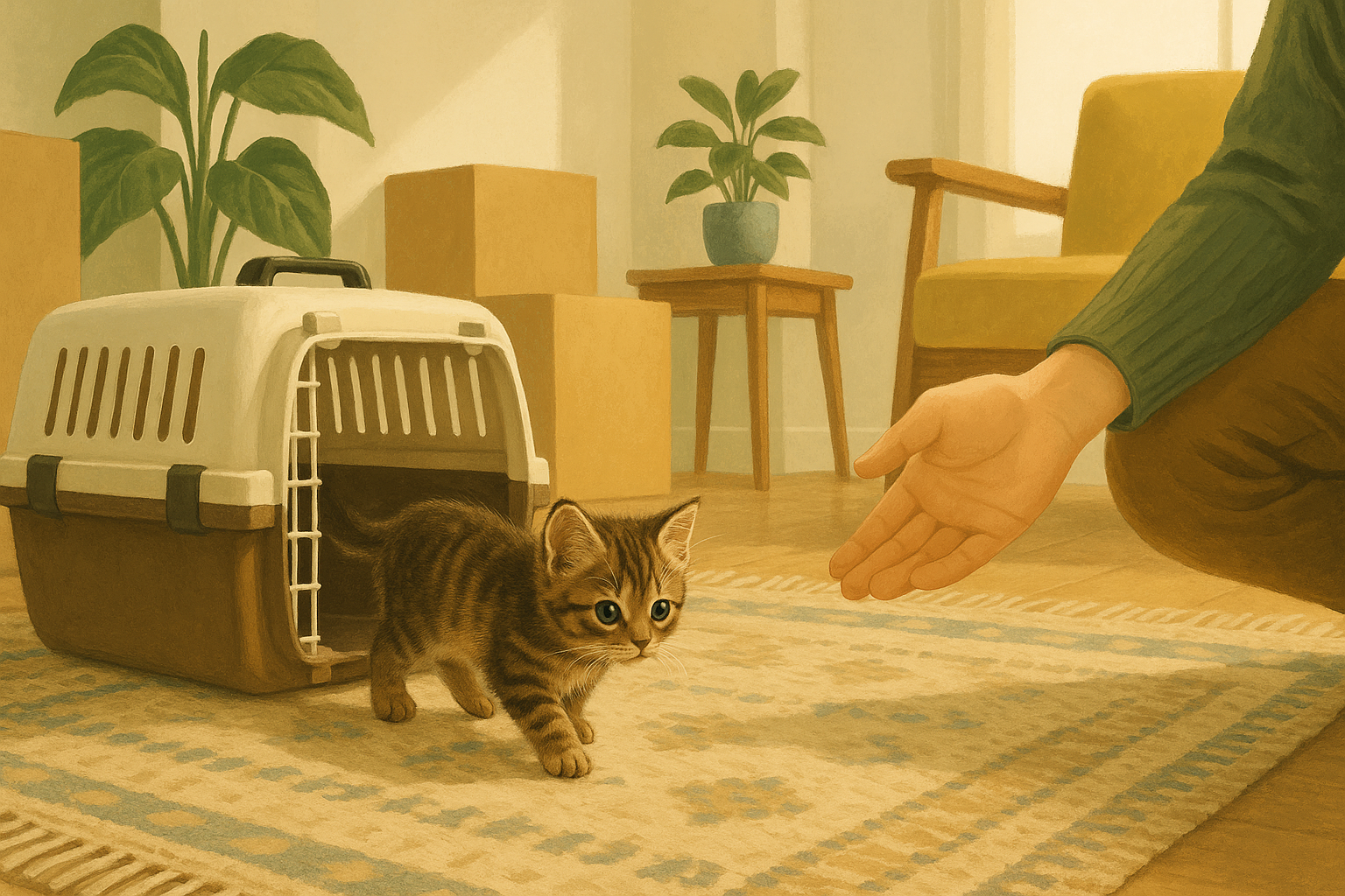 AI illustration of a small tabby kitten stepping out of an open pet carrier onto a rug in a sunlit living room while a person crouches nearby with a welcoming hand.
