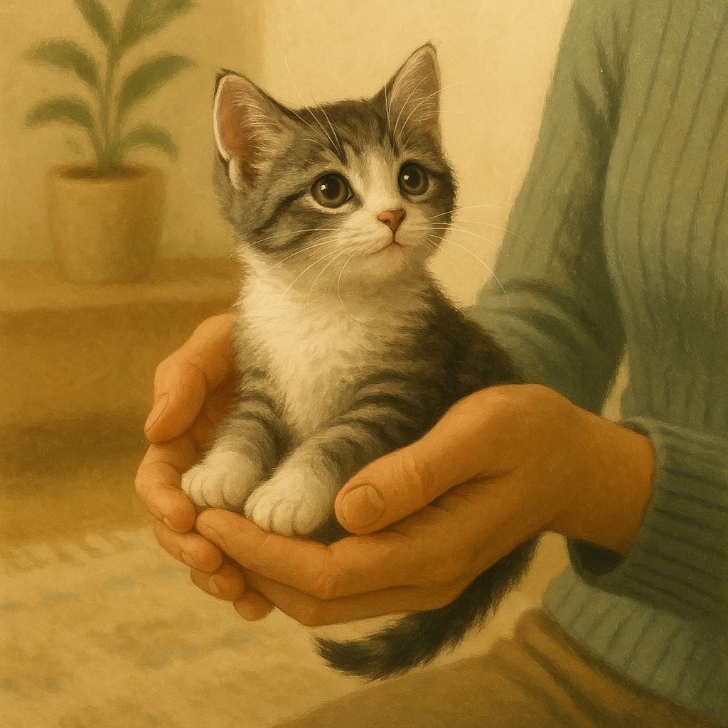 AI illustration of a person sitting on the floor gently cradling a small grey and white kitten in cupped hands in a sunlit room.