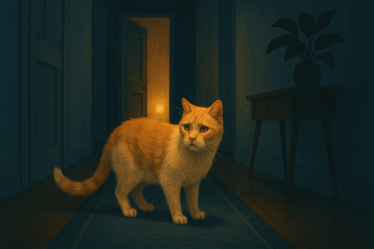 AI illustration of a senior cream and ginger cat standing uncertainly in a dim hallway at night, looking toward the soft glow of a doorway.