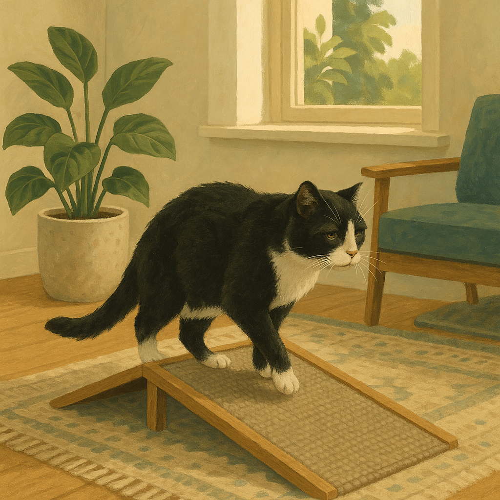 AI illustration of an elderly tuxedo cat walking up a low carpeted ramp toward a sunny windowsill perch in a bright apartment.