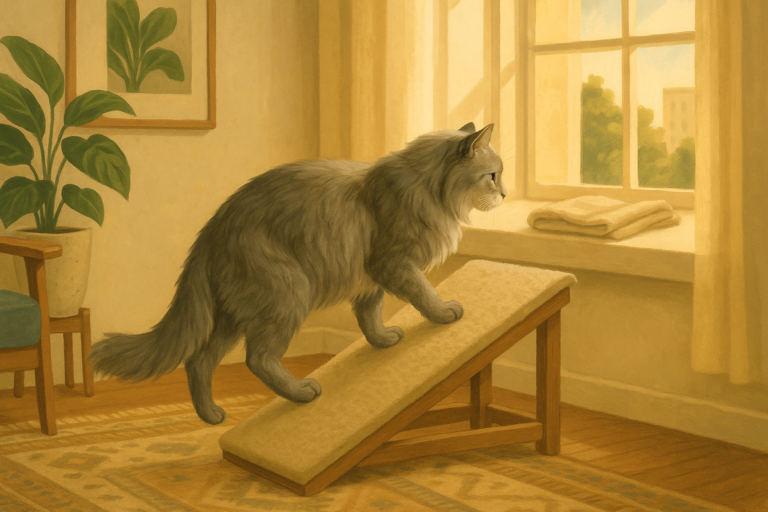 AI illustration of an older silver-grey longhaired cat stepping up a low carpeted ramp toward a sunlit windowsill perch in a cozy living room.