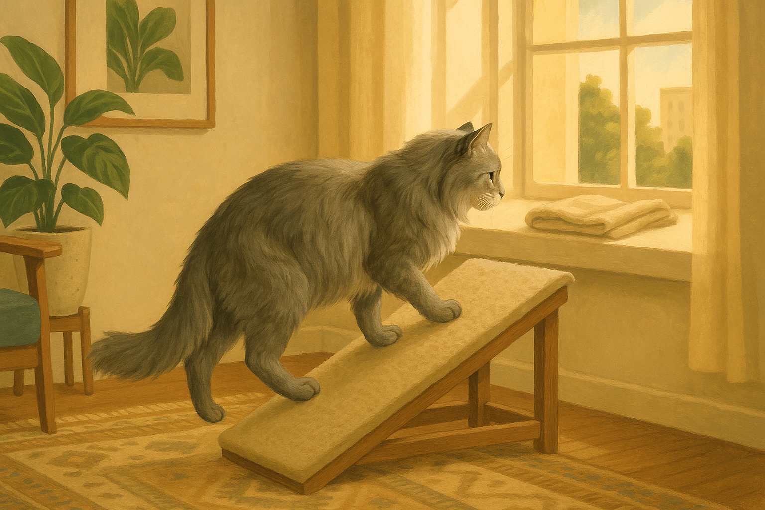 AI illustration of an older silver-grey longhaired cat stepping up a low carpeted ramp toward a sunlit windowsill perch in a cozy living room.