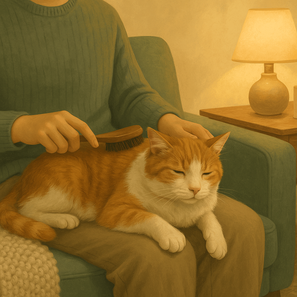 AI illustration of a person sitting on a couch gently combing an older ginger and white cat resting on their lap in soft evening light.