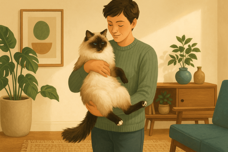 AI illustration of a person cradling a large relaxed seal-point Ragdoll cat that has gone limp and soft in their arms.