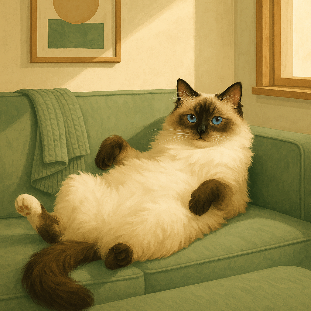 AI illustration of a fluffy seal-point Ragdoll cat with blue eyes lying relaxed and belly-up on a sunlit couch cushion.
