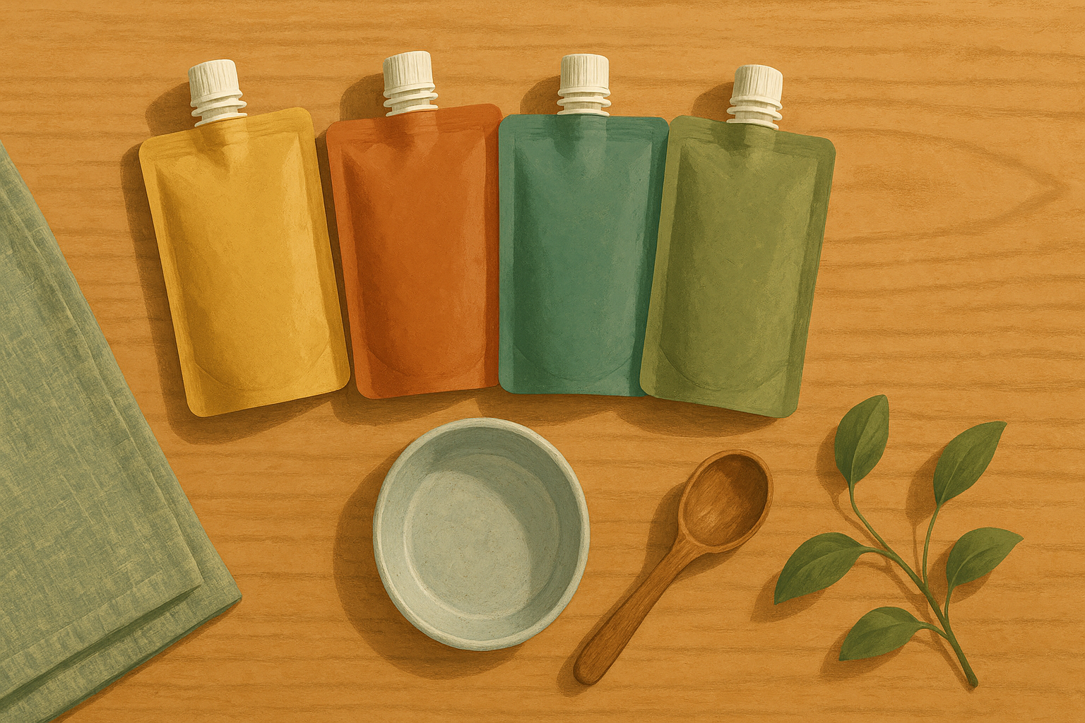 AI illustration of four bone broth pouches for cats arranged in an overhead flat-lay on a wooden kitchen counter next to a small ceramic dish and a measuring spoon.