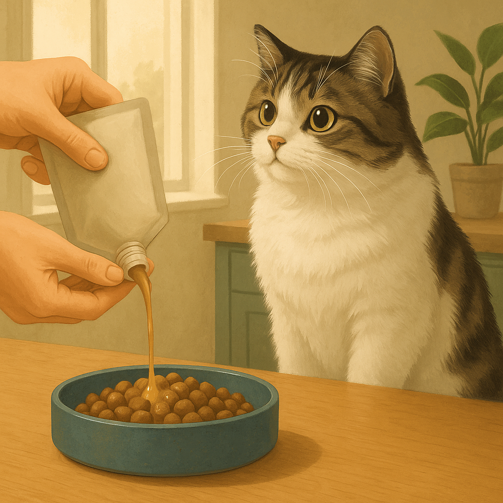 AI illustration of a person drizzling broth from a pouch over a bowl of food while a fluffy white and grey cat watches attentively from beside the counter.