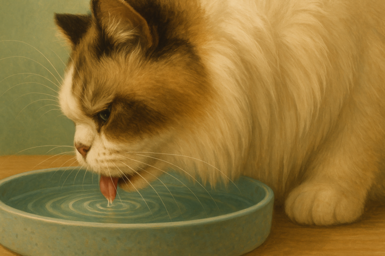 AI illustration of a close-up of a cream and white flat-faced cat drinking from a wide shallow ceramic bowl, its whiskers fanned out clear of the rim.