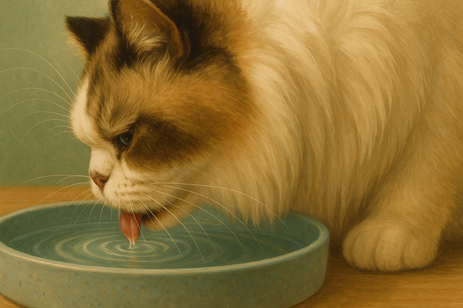 AI illustration of a close-up of a cream and white flat-faced cat drinking from a wide shallow ceramic bowl, its whiskers fanned out clear of the rim.