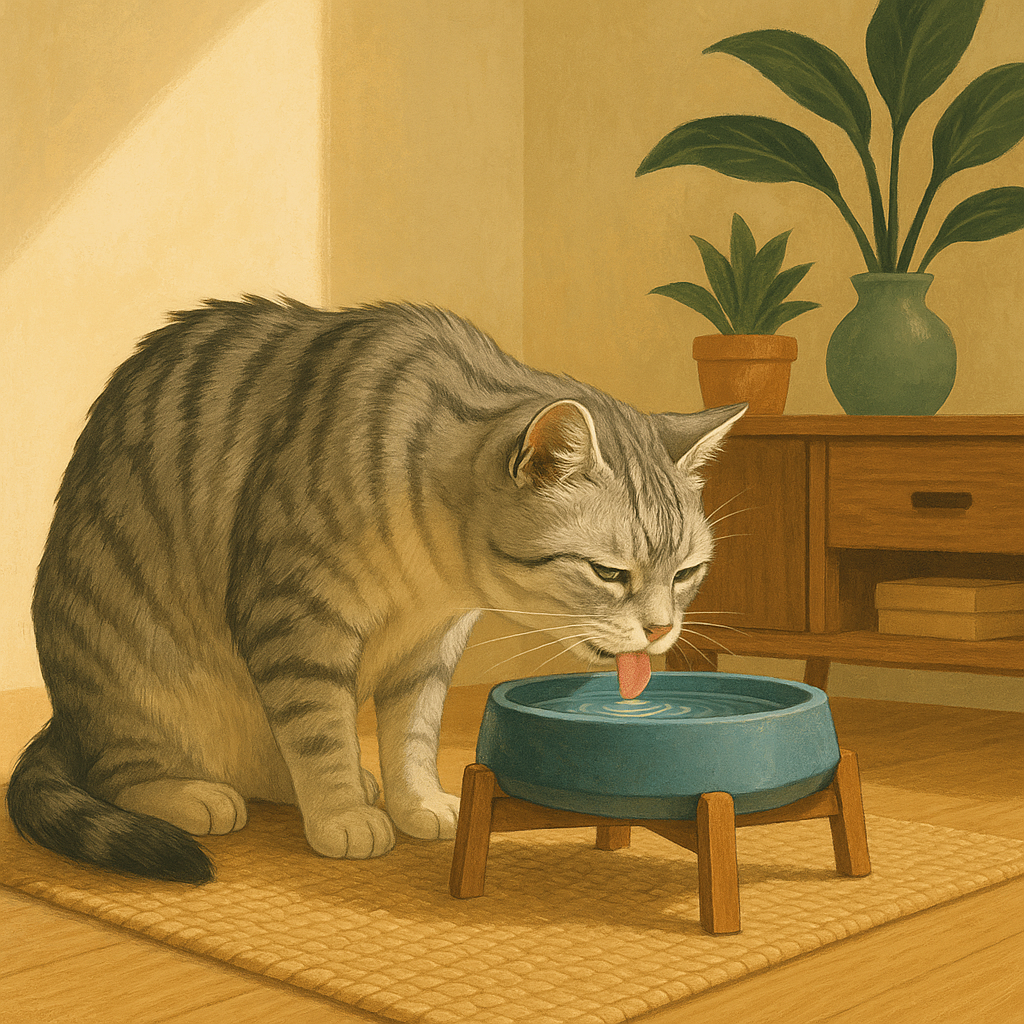 AI illustration of a senior silver tabby cat drinking from a raised ceramic water bowl on a low stand, seen from a low floor-level angle with her neck barely lowered.