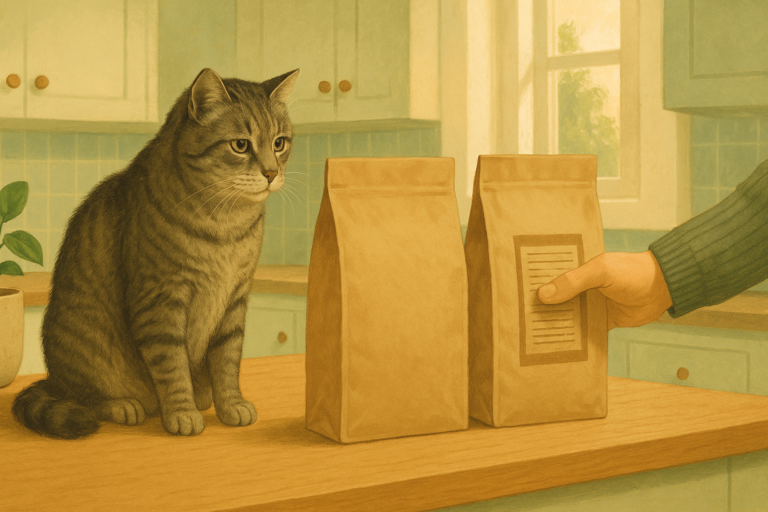 AI illustration of a senior grey tabby cat watching a person turn over a plain unlabelled dry food bag to read its back label on a kitchen counter.