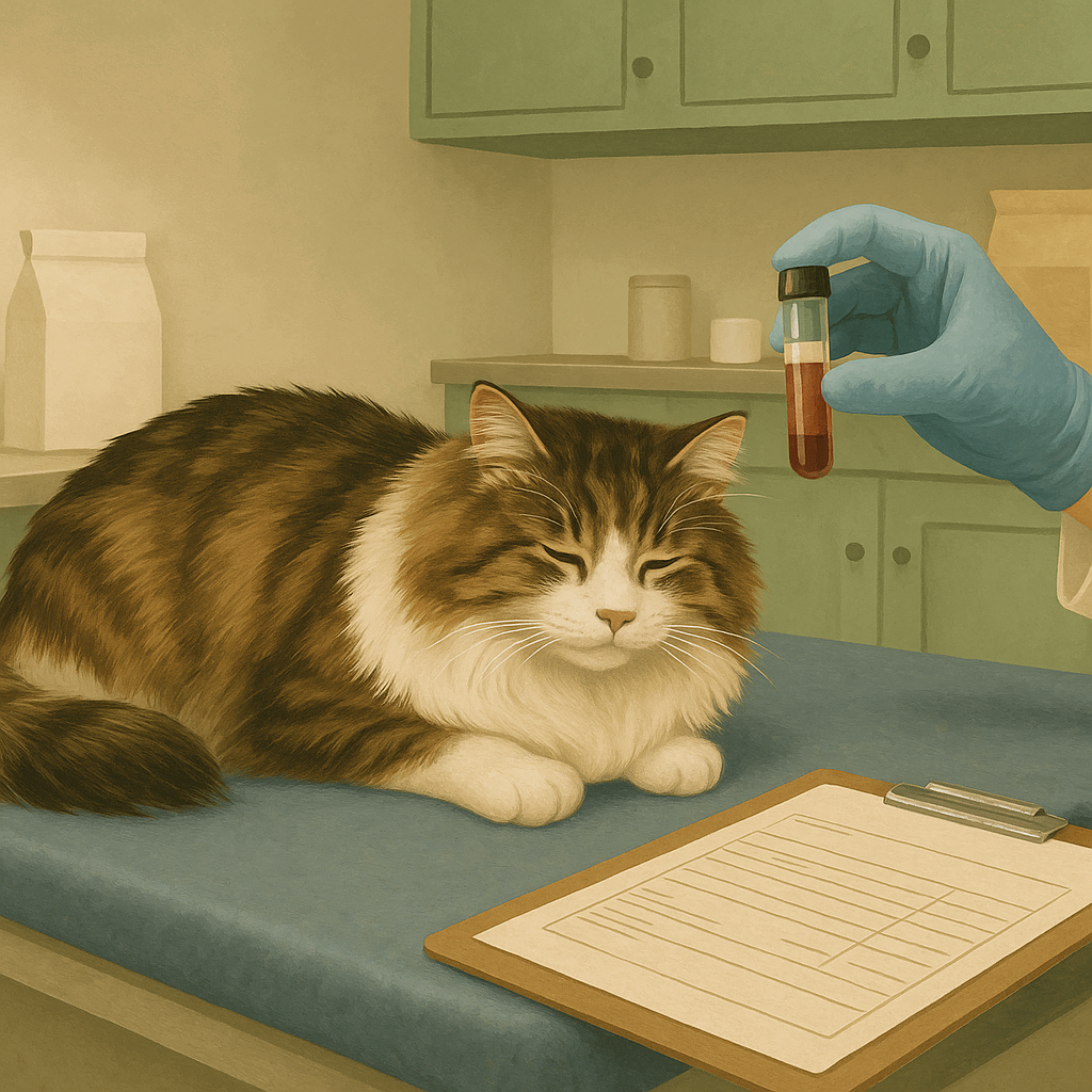 AI illustration of a relaxed senior cat on a vet exam table while a veterinarian holds a blood sample vial and lab requisition form nearby.
