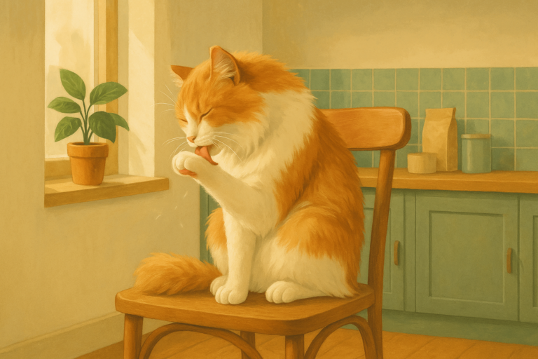 AI illustration of an orange-and-white long-haired cat sitting on a wooden dining chair in a sunlit kitchen, calmly licking its front paw, with loose fur visible in the light.
