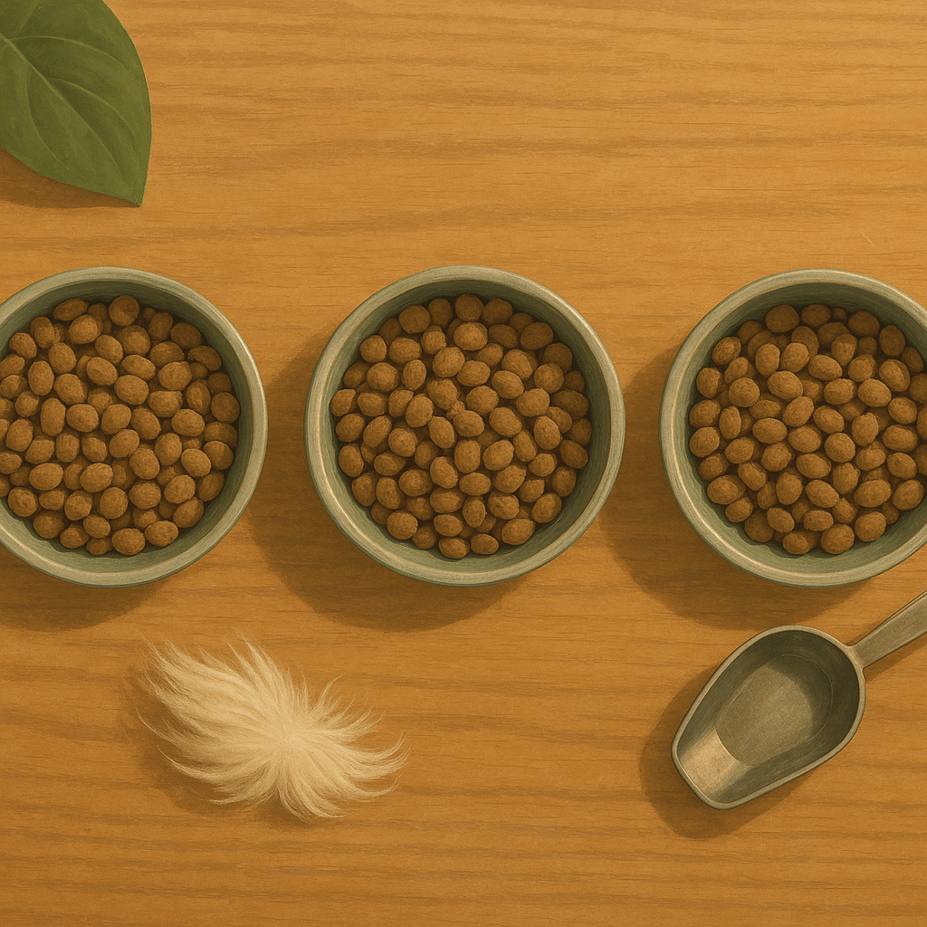 AI illustration of three plain unlabelled bowls of dry cat kibble lined up on a wooden table next to a small measuring scoop and a soft tuft of loose cat fur, shown from directly overhead.