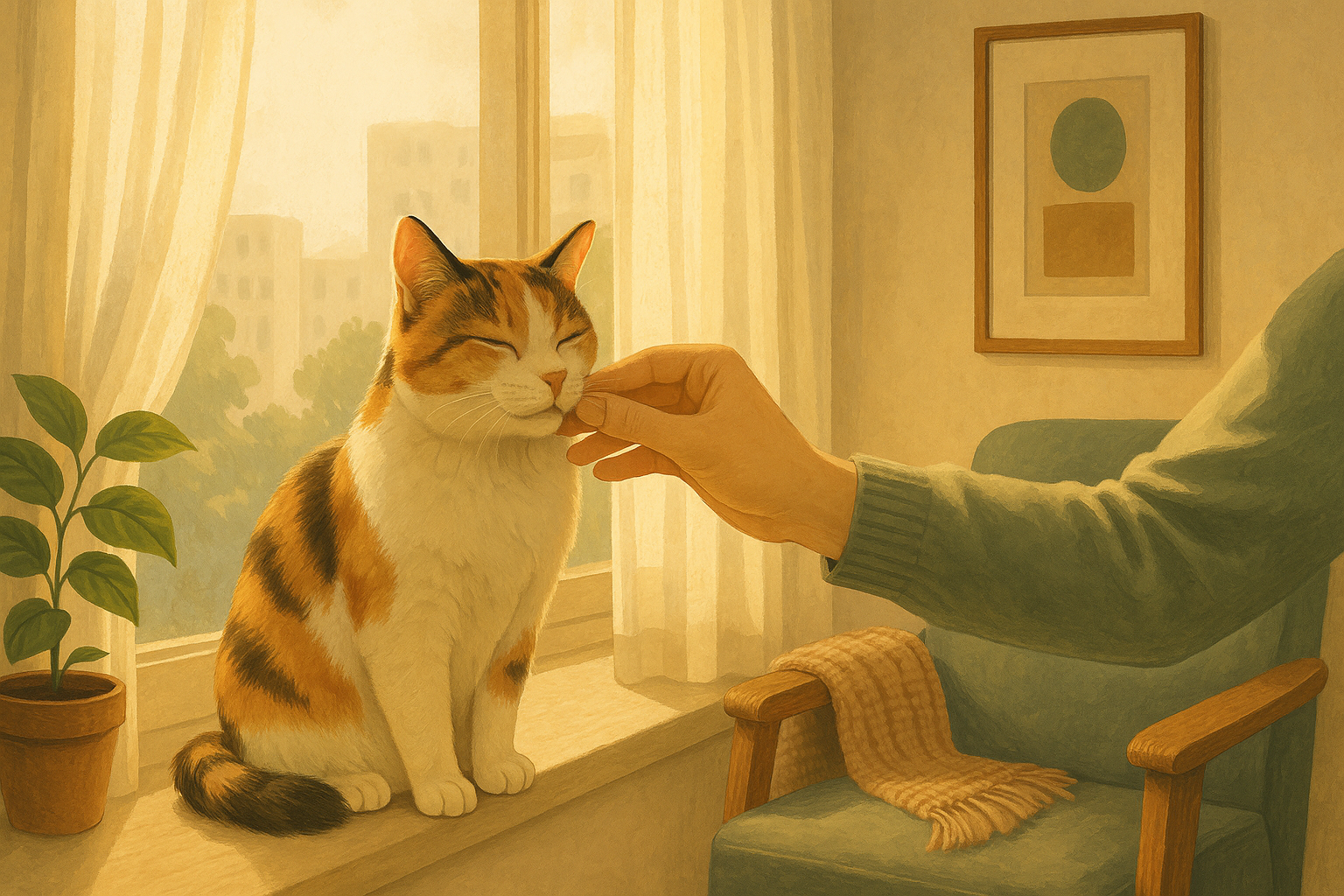 AI illustration of a calico cat sitting calmly on a sunlit windowsill while a person's hand gently checks the skin under its chin and neck.
