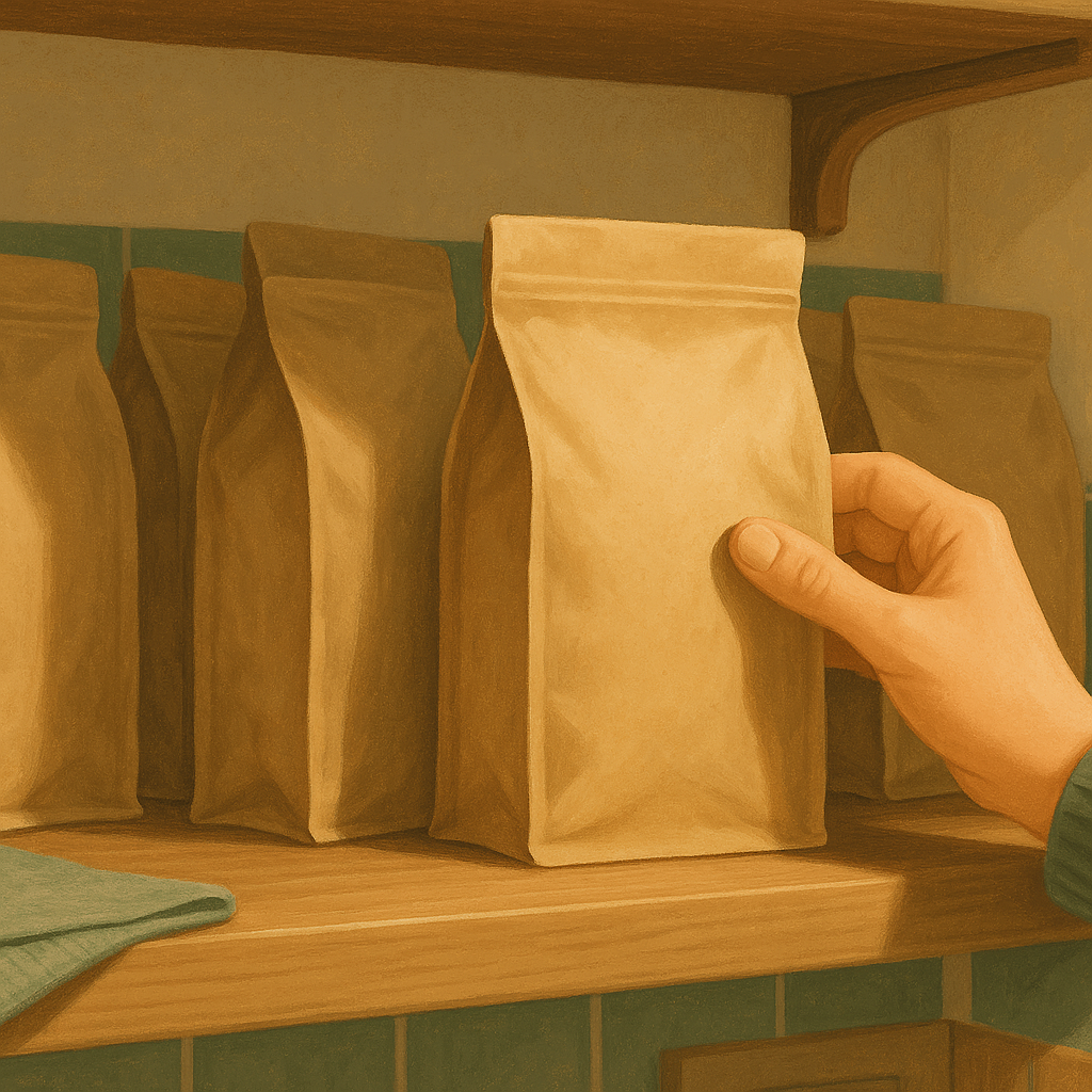 AI illustration of a hand pulling one plain unlabelled cat food bag forward into focus off a shelf while several other plain bags stay blurred in the background.