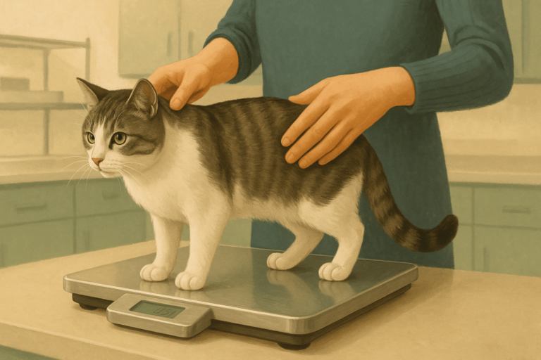 AI illustration of a veterinary tech gently checking a lean grey-and-white cat's waistline while it stands on a scale on a clinic exam table.