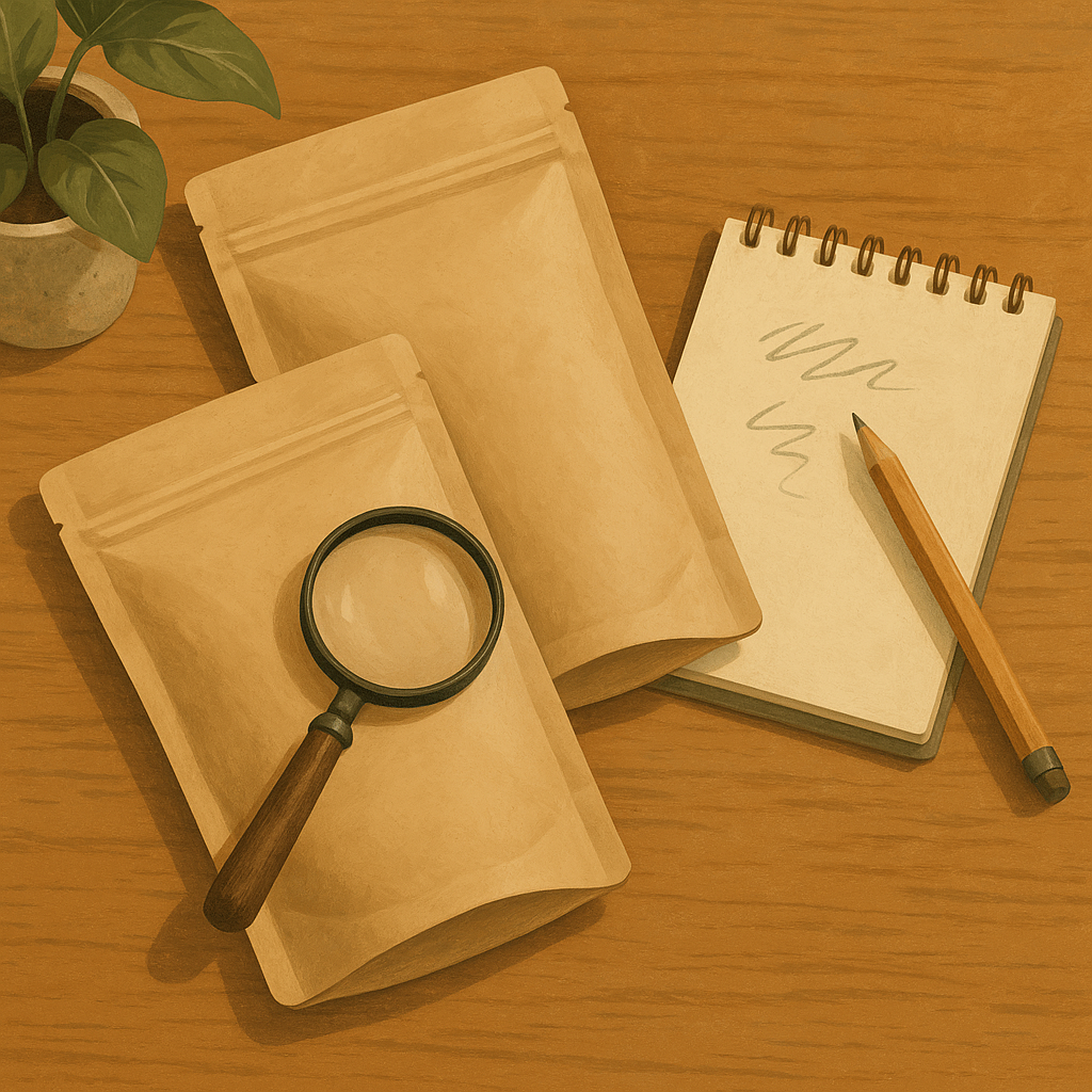 AI illustration of a magnifying glass and notepad beside two blank, unmarked cat food pouches on a kitchen counter.
