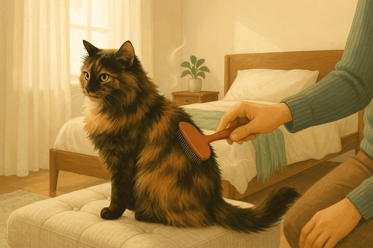 AI illustration of a longhaired tortoiseshell cat standing on an ottoman in a sunlit bedroom while a person brushes her haunch with a slicker brush.