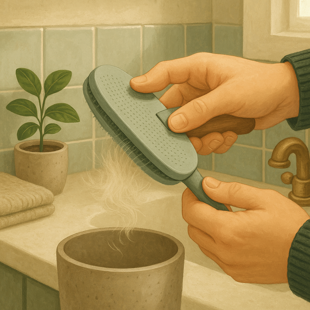 AI illustration of a person's hands pressing the self-cleaning release button on a slicker brush over a bathroom wastebasket, with a small tuft of loose cat fur falling free, no cat in frame.