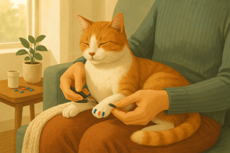 AI illustration of a person gently holding an orange-and-white cat's paw in their lap to apply small colorful vinyl nail caps, the cat relaxed and unbothered.