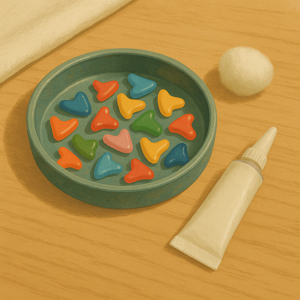 AI illustration of loose colorful vinyl cat nail caps in a small dish beside a tube of adhesive and a cotton ball on a wooden table, no cat in frame.