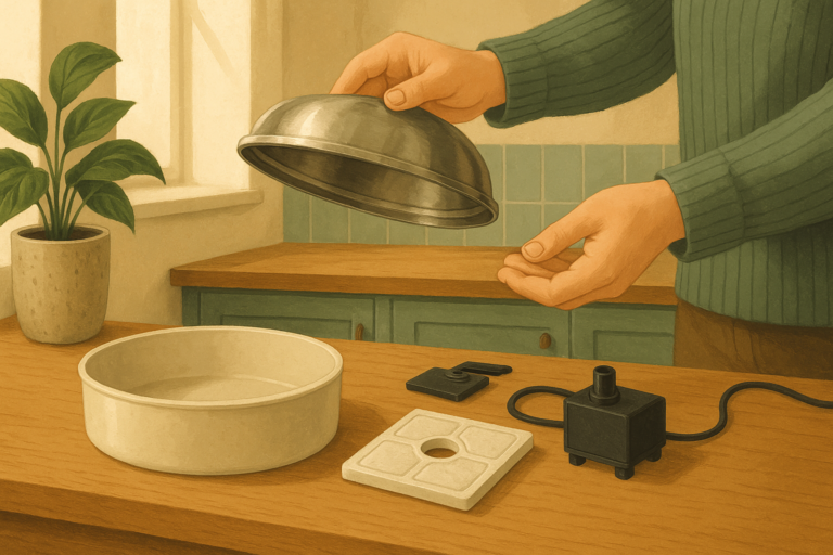 AI illustration of hands lifting the stainless steel lid off a disassembled pet water fountain to reveal the pump and plastic reservoir base underneath.