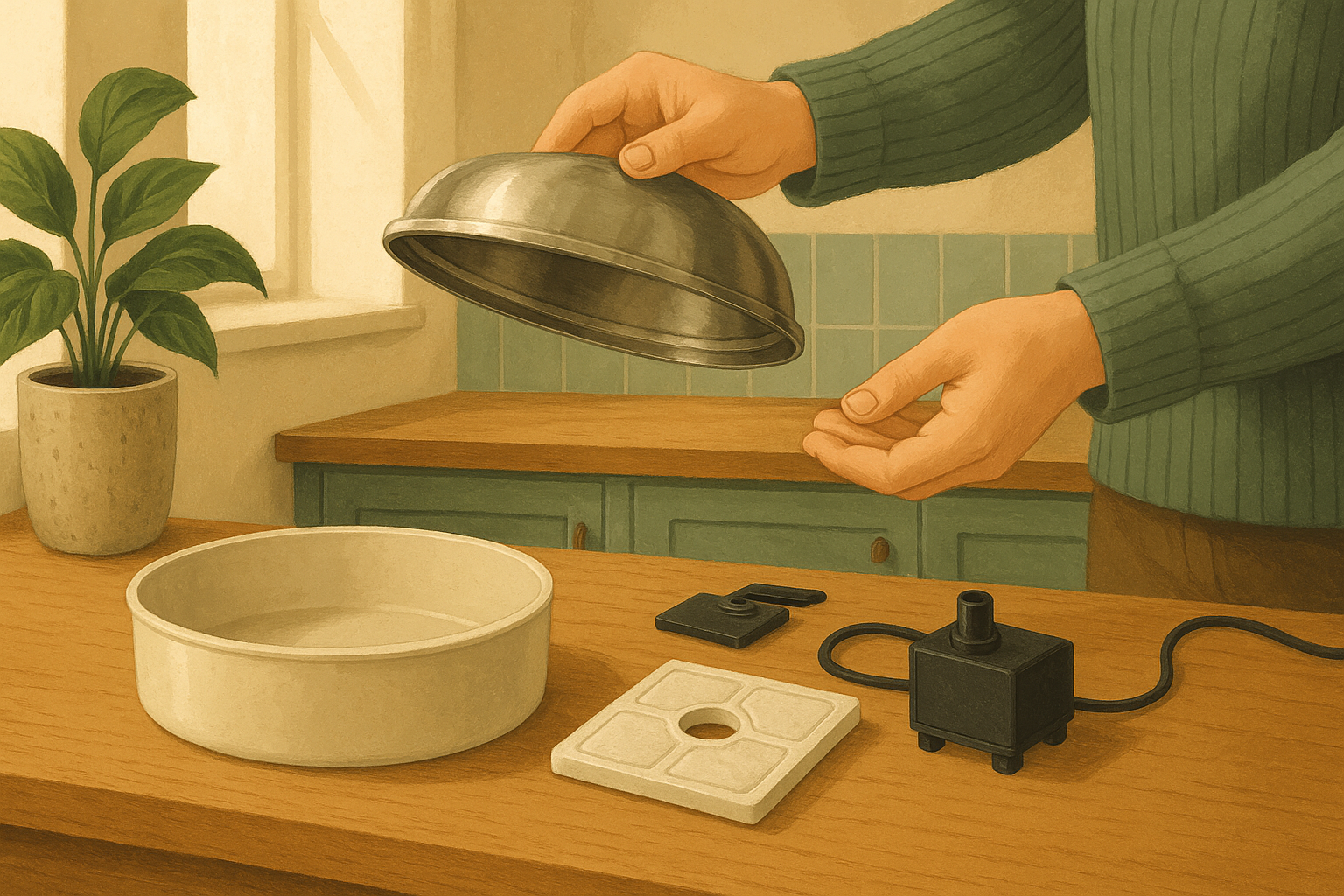 AI illustration of hands lifting the stainless steel lid off a disassembled pet water fountain to reveal the pump and plastic reservoir base underneath.