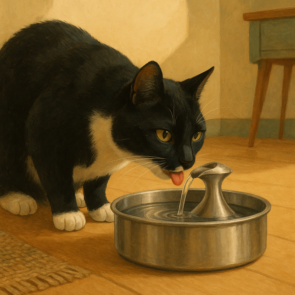 AI illustration of a black and white tuxedo cat drinking from a stainless steel pet fountain, its chin close to the rim, seen from a low angle.