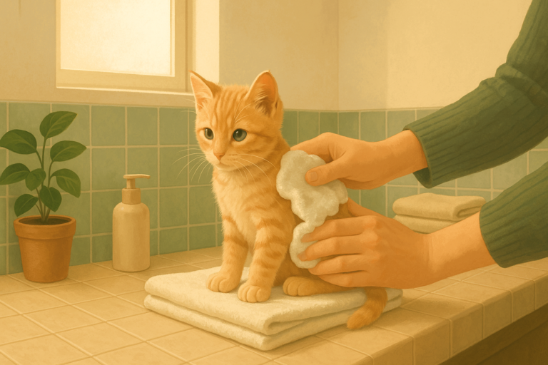 AI illustration of a young orange tabby kitten sitting on a towel on a bathroom counter while a pair of hands gently wipes its side with a soft foam-dampened cloth.