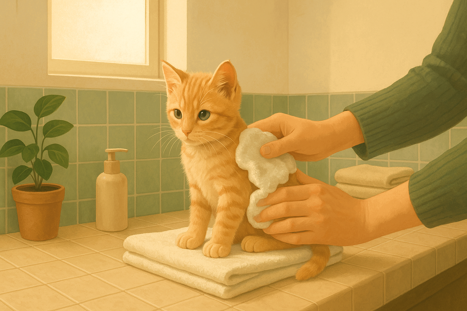 AI illustration of a young orange tabby kitten sitting on a towel on a bathroom counter while a pair of hands gently wipes its side with a soft foam-dampened cloth.