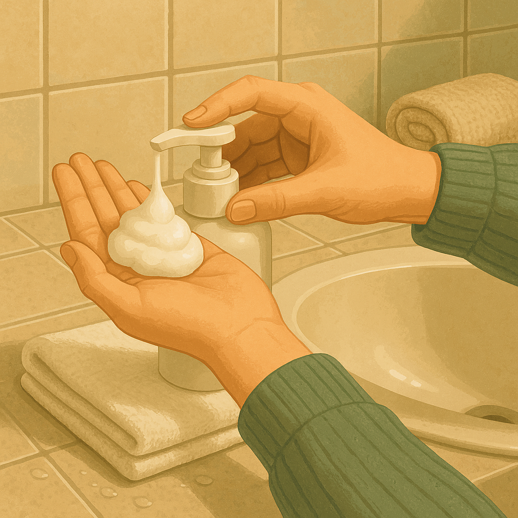 AI illustration of hands pumping foam from a plain bottle onto a folded washcloth over a bathroom sink, with no cat in frame.