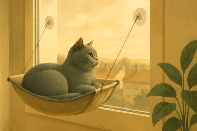 AI illustration of a blue-grey cat curled in a suction-mounted window hammock perch, looking out over rooftops in a sunlit apartment.