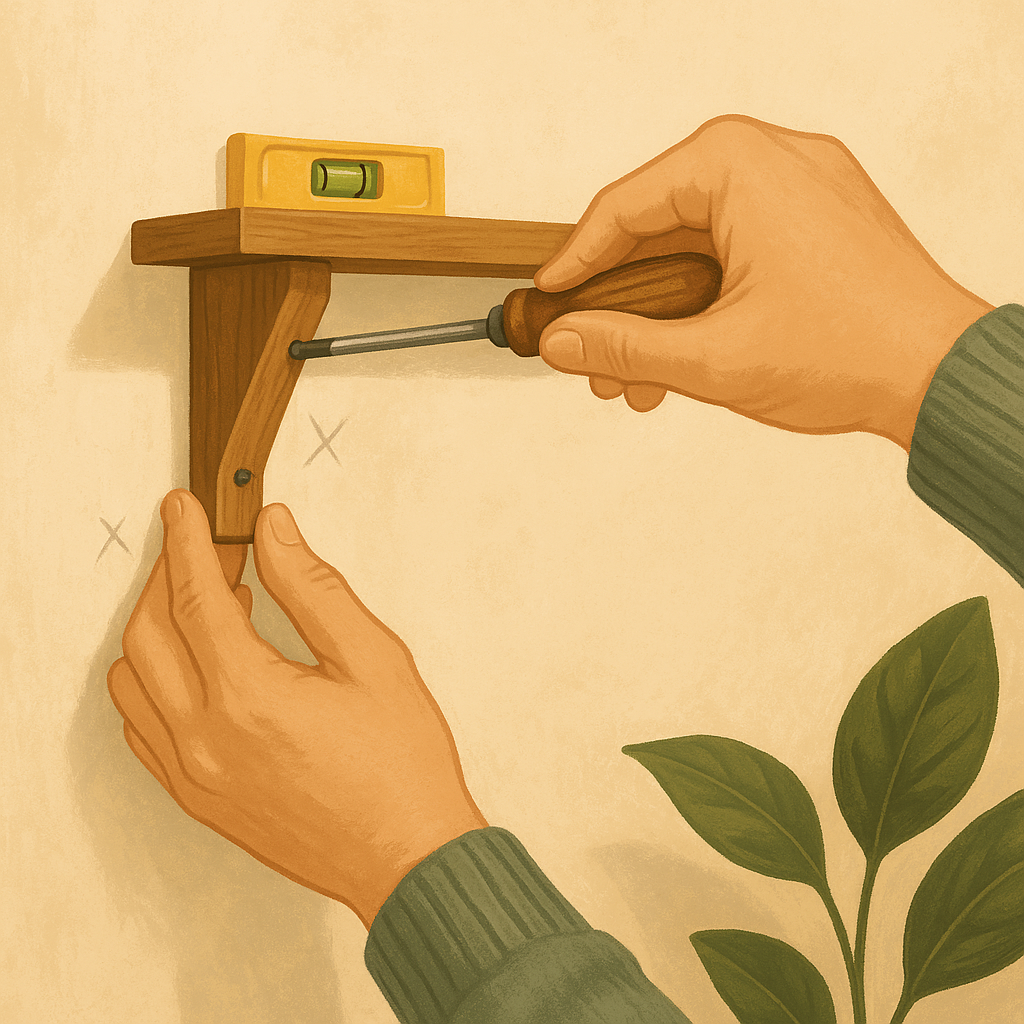 AI illustration of hands using a screwdriver to mount a wooden wall shelf bracket into a wall, with a level and pencil marks visible, no cat in frame.