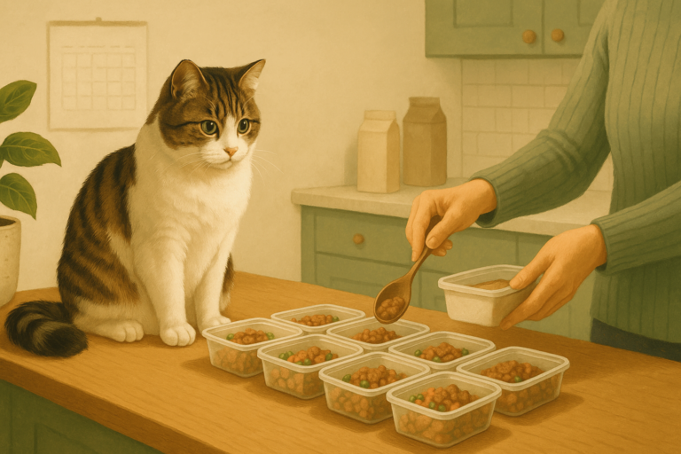 AI illustration of a grey-and-white cat watching a person portion cat food into a row of meal-prep containers on a kitchen counter.