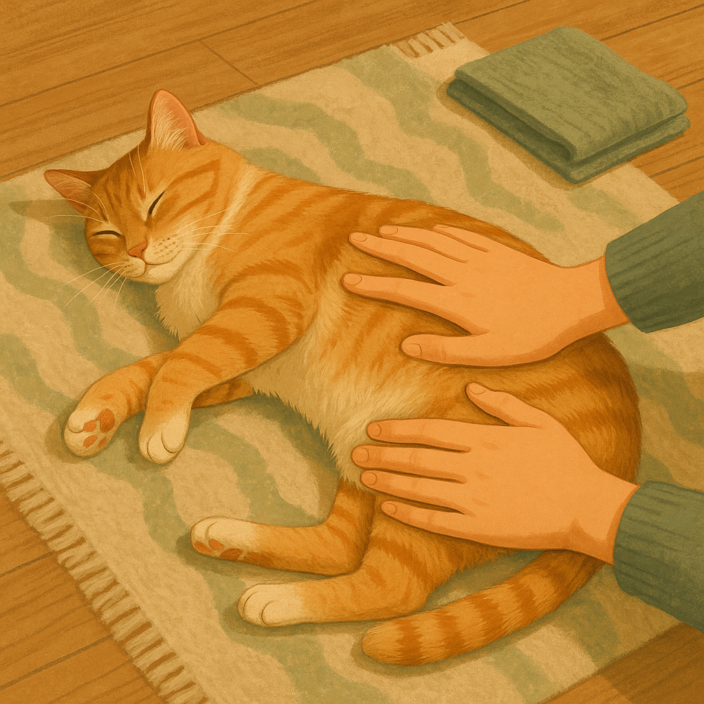 AI illustration of hands gently checking a relaxed cat's body condition along its ribs and waist while it lies on a blanket, viewed from above.