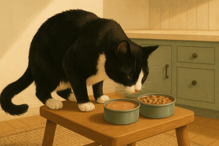 AI illustration of a tuxedo cat sniffing closely at two small open wet cat food cans on a kitchen stool, one with a smooth pate texture and one with visible flaked chunks.