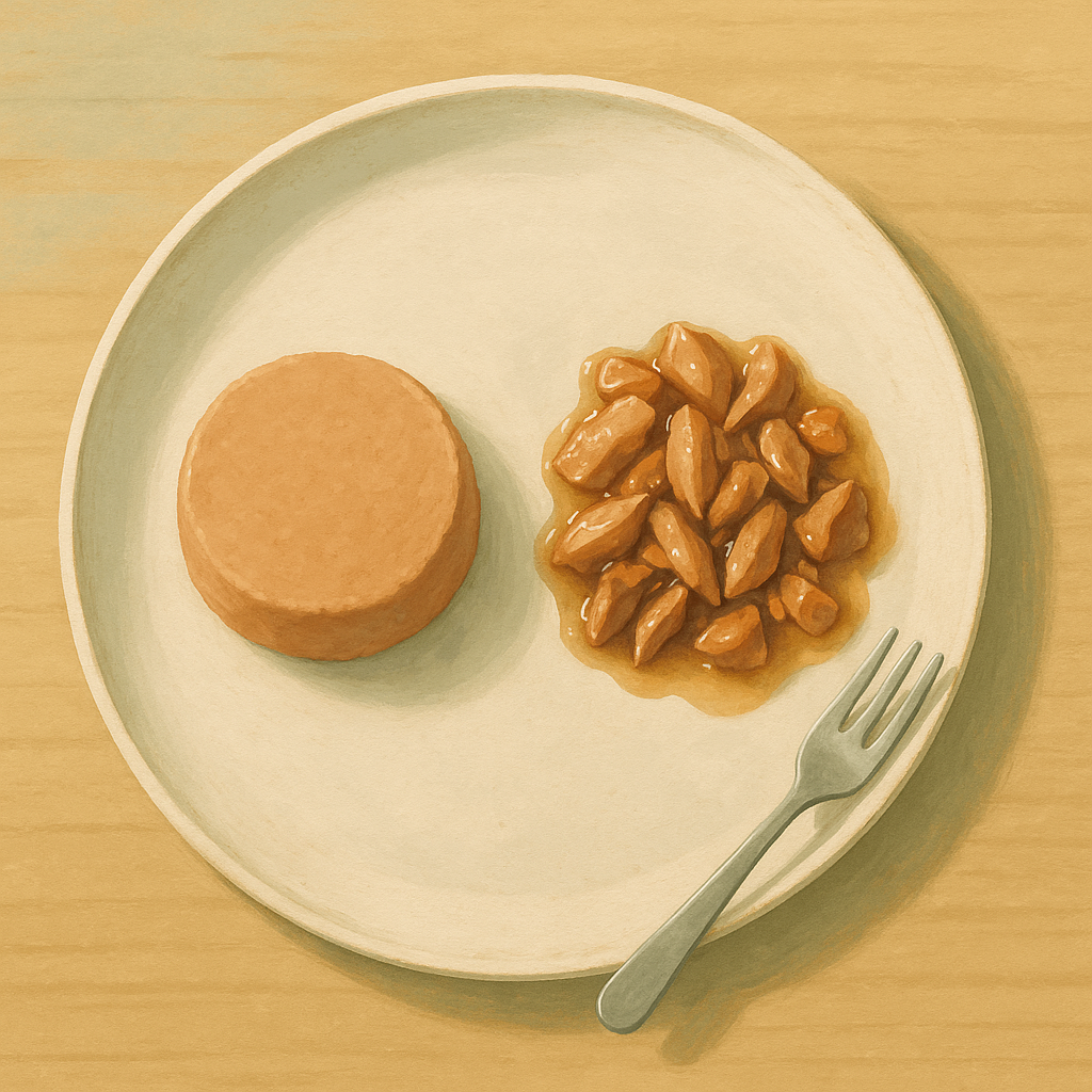 AI illustration of two small mounds of wet cat food on a plate, one with a smooth pate texture and one with visible flaked chunks, arranged for comparison with no cat in frame.