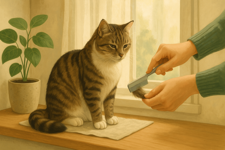 Illustration of a grey tabby cat sitting on a sunny windowsill while a person combs through its fur with a flea comb.